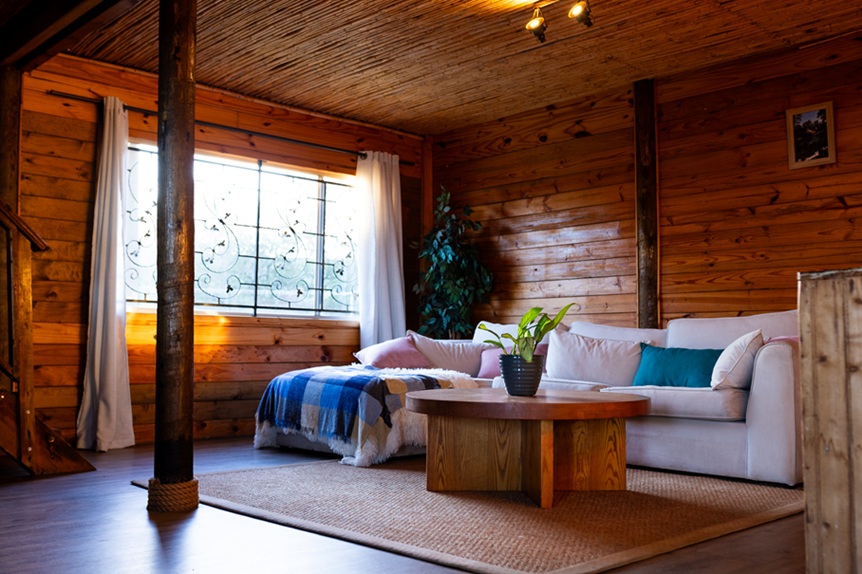 Interior of empty living room with couch and plant on table in log cabin. Interior, agriculture, summer.